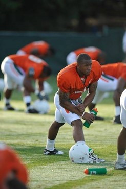 University of Miami Hurricanes players stretch at Greentree practice fields training for the upcoming 2010 season. The practice was open for Season...