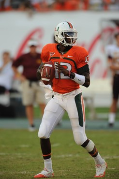 University of Miami Hurricanes quarterback Jacory Harris #12 plays in a game against the Bethune Cookman Wildcats at Sun Life Stadium on October 1,...