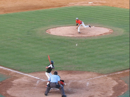 Iden Nazario pitching to David Villasuso at the Orange-Green World Series Wednesday afternoon at Alex Rodriguez Park.