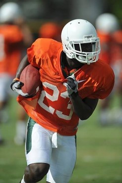 University of Miami Hurricanes players Eduardo Clements #23 at Cobb Stadium training for the upcoming 2010 season. The practice was open for Season...