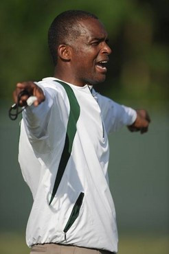 University of Miami Hurricanes head coach Randy Shannon leads his team in drills at Greentree Practice Field on August 13 to prepare for the upcoming...