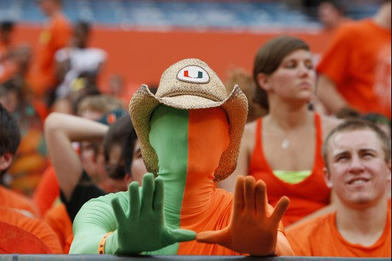 Miami fans are shown before an NCAA college football game between Miami and Florida A&M, Thursday, Sept. 2, 2010, in Miami. (AP Photo/Wilfredo...