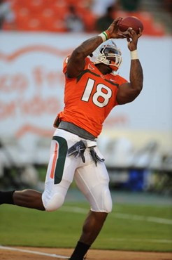 University of Miami tight end Dedrick Epps #18 practices before a game against the Georgia Tec Yellow Jackets at Land Shark Stadium on September 17,...