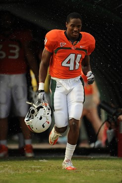 University of Miami Hurricanes wide receiver Garrett Kidd #41 plays in a game against the Boston College Eagles at Sun Life Stadium on November 25,...