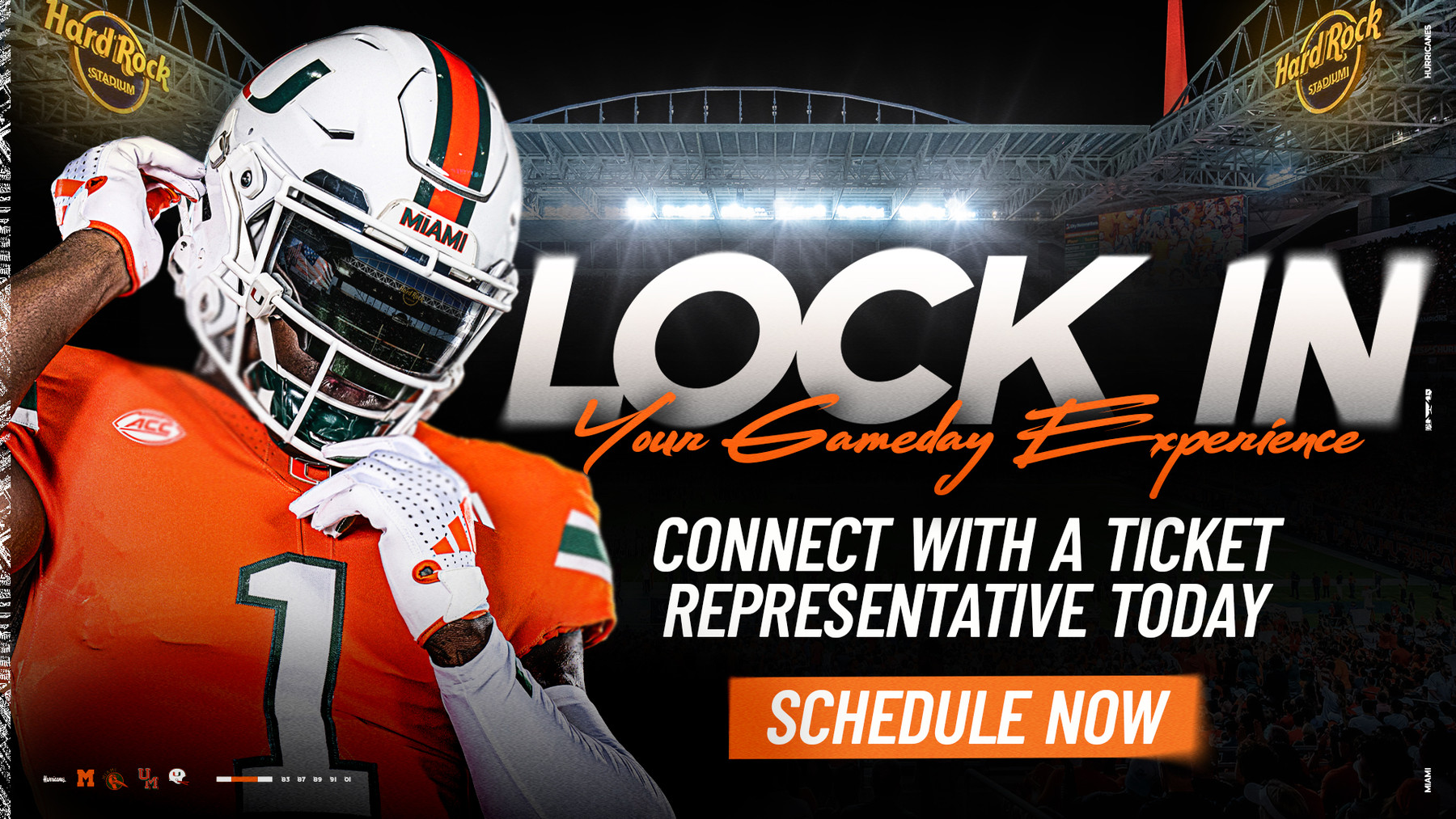 Miami Hurricanes football player and Hard Rock Stadium graphic promoting season ticket appointments.