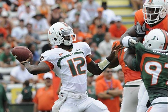Jacory Harris slings it deep at the 2011 Miami Hurricanes Spring Football Game @ Lockhart Stadium