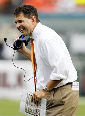 Miami head coach Al Golden questions a call by a line judge in the second quarter against Duke. (AP Photo/Lynne Sladky)
