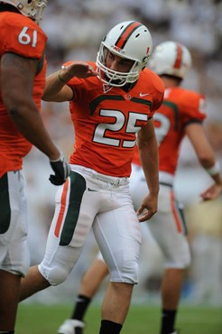 University of Miami Hurricanes kicker/punter Matt Bosher #25 celebrates after a good punt. in a game against the University of Central Florida Knights...