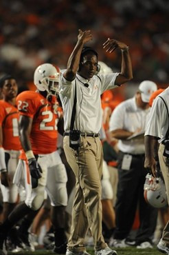 University of Miami Hurricanes head coach Randy Shannon on the sidelines in a game against the Georgia Tech Yellow Jackets at Land Shark Stadium on...