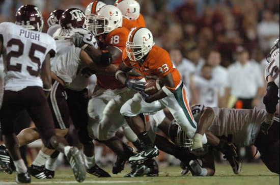 University of Miami running back Shawnbrey McNeal #33 runs in a game against the Texas A&M Aggies at the Orange Bowl on September 20, 2007. The...