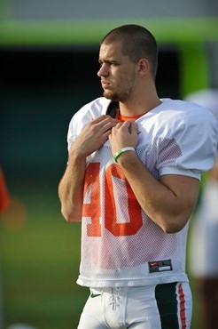 University of Miami Hurricanes players Jake Wieclaw #40 at Greentree practice fields training for the upcoming 2010 season. The practice was open for...