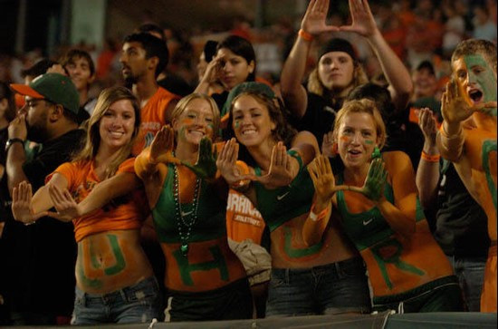University of Miami Hurricane fans show their team spirit in a game against the Virginia Tech Hokies at Dolphin Stadium on November 13, 2008.  Photo...