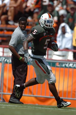 University of Miami running back Javarris James #5 rushed 16 times for 64 yards and caught 3 passes for 28 yards in a game against the Duke University...