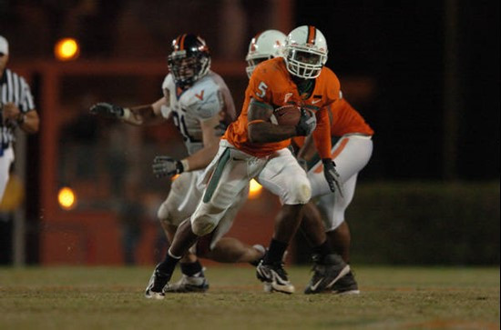 University of Miami running back Javarris James #5 rushes in a game against the Virginia Cavaliers at the Orange Bowl on November 10, 2007.  The game...