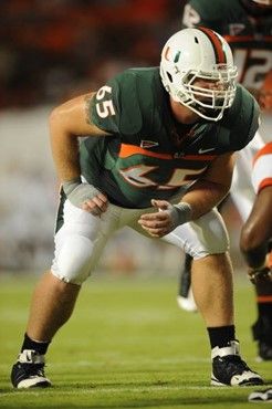 University of Miami Hurricanes offensive lineman Matt Pipho #65 plays in a game against the Florida A&M Rattlers at Land Shark Stadium on October 10,...