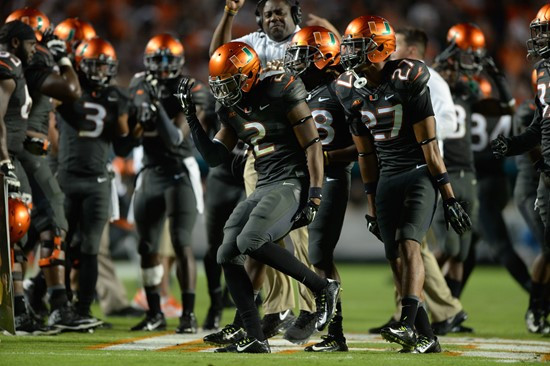 University of Miami Hurricanes defensive back Deon Bush #2 plays in a game against the Florida State Seminoles at Sun Life Stadium on November 15,...