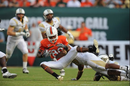 University of Miami Hurricanes wide receiver Travis Benjamin #80 caught 2 passes for 34 yards in a game against the University of Central Florida...