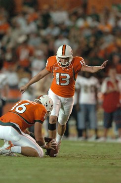 University of Miami Hurricanes kicker Jon Peattie #13 was 0-1 on field goals and kicked 5 extra points against the Florida International University...