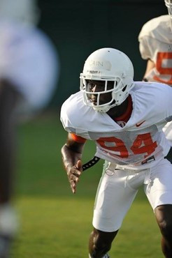 University of Miami Hurricanes players Kelvin Cain #93 at Greentree practice fields training for the upcoming 2010 season. The practice was open for...