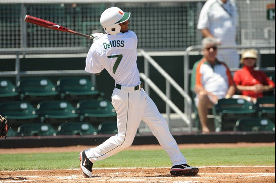 University of Miami infielder/outfielder, Zeke DeVoss #7, plays in a game against Georgia Tech at Alex Rodriguez Park on March 26, 2011.  Photos by...