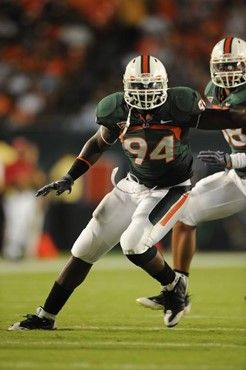 University of Miami Hurricanes defensive end Eric Moncur #94 plays in a game against the Florida A&M Rattlers at Land Shark Stadium on October 10,...