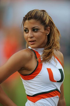 A University of Miami Hurricane cheerleader performs for fans in a game against the University of Central Florida Knights at Dolphin Stadium on...