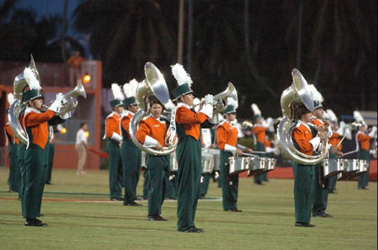 The University of Miami Band of the Hour entertains the crowd during a game against the Texas A&M Aggies at the Orange Bowl on September 20, 2007. ...