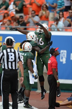 University of Miami Hurricanes tight end Clive Walford #46 plays in a game against the Arkansas State Red Wolves at Sun Life Stadium on September13,...