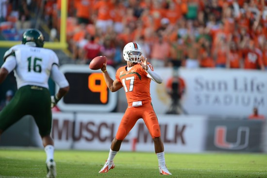 University of Miami Hurricanes quarterback Stephen Morris #17 plays in a game against the University of South Florida Bulls at Sun Life Stadium on...