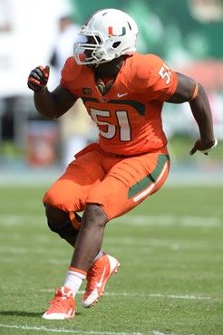 University of Miami Hurricanes defensive lineman Shayon Green #51 plays in a game against the Wake Forest Demon Deacons at Sun Life Stadium on October...