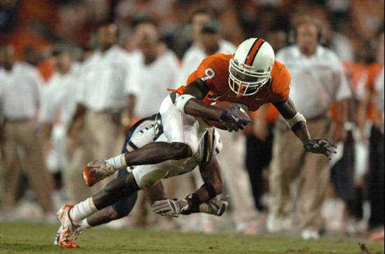 University of Miami Hurricanes wide receiver Lance Leggett #9 caught 7 passes for 77 yards and 2 touchdowns against the Florida International...