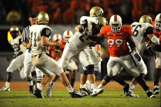 University of Miami Hurricanes defensive tackle Marcus Forston #99 had 2 solo tackles in his a game against Charleston Southern University in the...