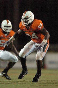 University of Miami defensive end Eric Moncur #94 rushes in a game against the Texas A&M Aggies at the Orange Bowl on September 20, 2007. The...