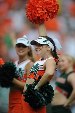 University of Miami Hurricane cheerleaders lead the fans to cheer for the Canes in a game against the Deamon Deacons of Wake Forest at Dolphin Stadium...