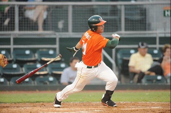 University of Miami First Baseman Rony Rodriguez #21 plays in a game against Illinois State at Alex Rodriguez Park on March 8, 2011.  Photos by Steven...