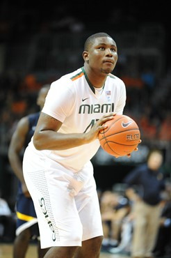 University of Miami Hurricanes center, Reggie Johnson #42, plays host to 2010 NCAA Final Four participant West Virginia at the BankUnited Center on...