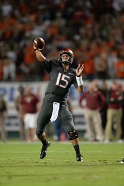 University of Miami Hurricanes quarterback Brad Kaaya #15 plays in a game against the Florida State Seminoles at Sun Life Stadium on November 15,...