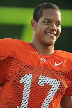 University of Miami Hurricanes players Morris Stephen #17 at Greentree practice fields training for the upcoming 2010 season. The practice was open...