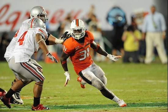 University of Miami Hurricanes linebacker Sean Spence #31 plays in a game against the Ohio State Buckeyes at Sun Life Stadium on September 17, 2011. ...