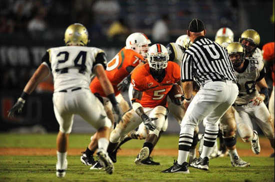 University of Miami Hurricanes running back Javarris James #5 rushed 12 times for 74 yards and scored a touchdown against Charleston Southern...