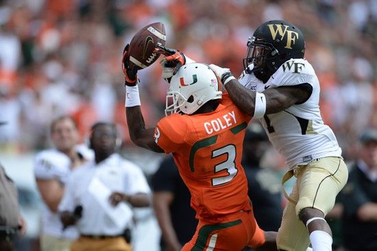 University of Miami Hurricanes defensive back Tracy Howard #3 catches a pass in a game against the Wake Forest Demon Deacons at Sun Life Stadium on...