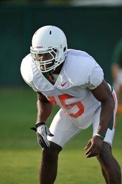 University of Miami Hurricanes players Ramon Buchana #45 at Greentree practice fields training for the upcoming 2010 season. The practice was open for...