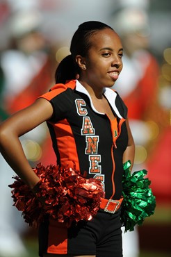 University of Miami Hurricane cheerleader&Atilde;&cent;&#128;&#153;s show their team spirit in a game against the Georgia Tech Yellow Jackets at Sun...