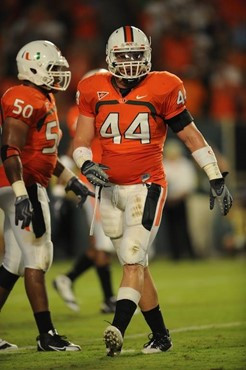 University of Miami Hurricanes linebacker Colin McCarthy #44 plays in a game against the Georgia Tech Yellow Jackets at Land Shark Stadium on...