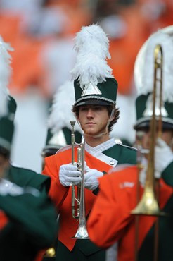 A University of Miami Band of the Hour participant entertains the crowd in a game against the Deamon Deacons of Wake Forest at Dolphin Stadium on...