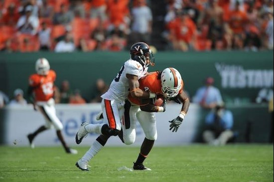 University of Miami Hurricanes wide receiver Laron Byrd #47 plays in a game against the Virginia Cavaliers at Land Shark Stadium on November 7, 2009. ...