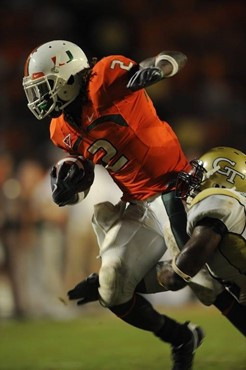 University of Miami Hurricanes running back Graig Cooper #2 carries the ball in a game against the Georgia Tech Yellow Jackets at Land Shark Stadium...