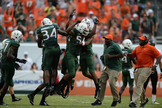 University of Miami Hurricanes linebacker Raphael Kirby #56 plays in a game against the Arkansas State Red Wolves at Sun Life Stadium on September13,...