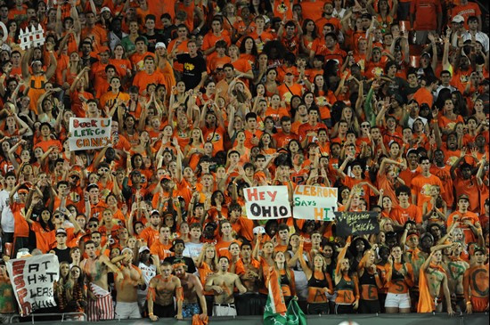 University of Miami Hurricane fans show their team spirit in a game against the Ohio State Buckeyes at Sun Life Stadium on September 17, 2011. Photo...