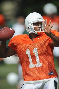 University of Miami Hurricanes quarterback Alonzo Highsmith #11 gets set to through a pass at Greentree Practice Field on August 13 in afternoon...